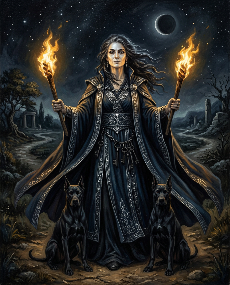 A portrait of the Goddess Hecate standing at a dark crossroads under a crescent moon and starry night sky. She has flowing dark hair streaked with silver, a serene expression, and wears an intricate dark blue gown and heavy cloak. She holds two blazing torches aloft, skeleton keys hang from her belt, and two fierce black dogs sit at her feet.