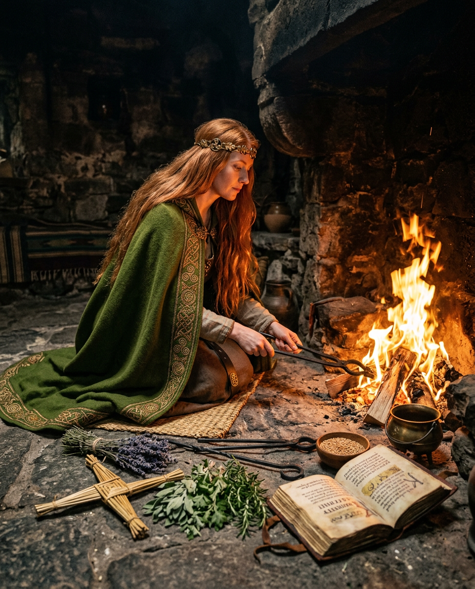 A high-fantasy, realistic depiction of the Celtic goddess Brigid with long, flowing copper-red hair, wearing a delicate gold leaf circlet across her forehead. She is kneeling on a woven mat inside a rustic stone-walled hearth or sanctuary, draped in a heavy, rich moss-green cloak featuring intricate gold Celtic knotwork embroidered along its borders. With a serene and focused expression, she uses long iron tongs to tend a bright, crackling fire in a stone fireplace. Spread out on the dark stone floor before her are various sacred items: a traditional woven straw Brigid's cross, a bundle of dried lavender, fresh green herbs, a small wooden bowl of grain, a tiny brass cauldron, and an open, ancient leather-bound book filled with handwritten script and arcane symbols. The scene is illuminated by the warm, dramatic golden glow of the firelight against deep shadows.