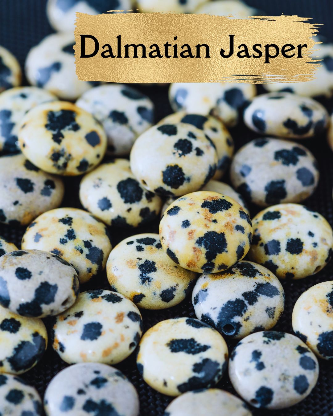 Close-up of polished Dalmatian Jasper stones with creamy beige surfaces and distinctive black spots, symbolizing grounded joy, protection, and playful energy.