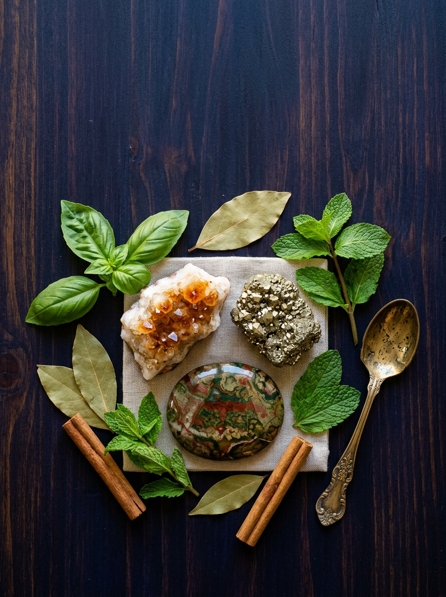 Top-down view of manifestation tools arranged on a dark indigo wooden background. In the center, a white and amber citrine crystal, a metallic gold pyrite cluster, and a circular, earth-toned rainforest jasper rest on a small linen cloth. Fresh green herbs including mint and basil, dried bay leaves, and two cinnamon sticks frame the stones next to a vintage ornate spoon.