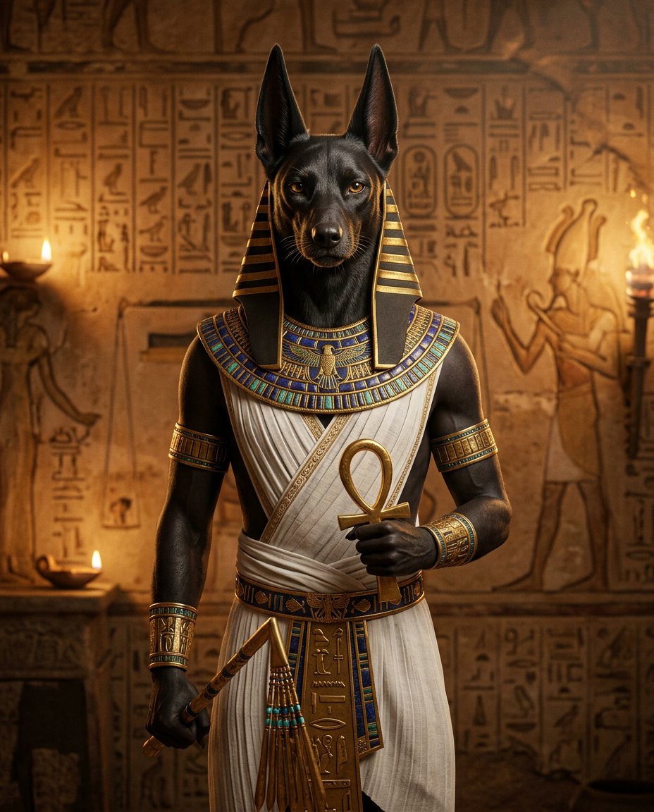 Anubis wearing a white tunic and traditional nemes headcloth, holding a golden ankh symbol and flail against a wall covered in ancient hieroglyphs.