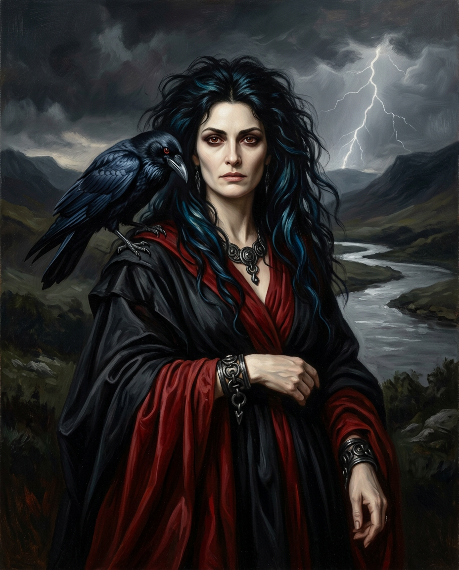 A portrait painting of a fierce woman with long, wild dark hair and piercing eyes, representing the Irish goddess Morrigan. A large black crow rests on her shoulder. She is dressed in flowing black and deep red robes with heavy metallic bracelets and a necklace. A winding river, dark hills, and a bright flash of lightning against a stormy sky fill the background.