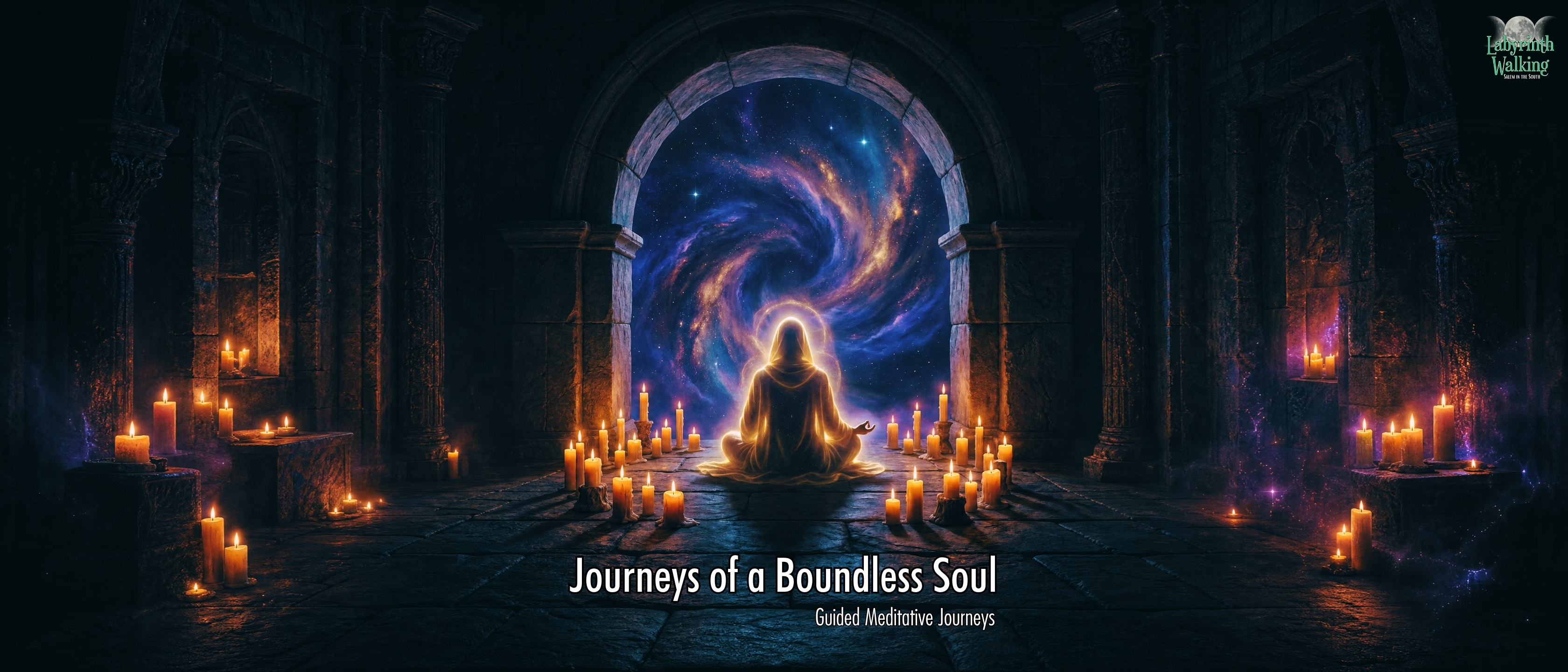 A luminous, glowing figure sits in a cross-legged meditation pose at the center of a wide ancient stone chamber, facing an arched stone doorway. Through the archway swirls a breathtaking cosmic vortex of deep purple, violet, and shimmering gold nebula clouds dotted with stars. The figure radiates a warm golden-white light, casting a divine halo around their silhouette. Dozens of cream-colored pillar candles of varying heights surround the figure on the stone floor, their flames flickering softly. The chamber extends on both sides, revealing dark stone walls, additional candlelit alcoves, and atmospheric mystical haze lit by golden candlelight and the ethereal glow of the cosmic portal. The overall palette is deep cosmic black, rich purple, warm gold, and luminous white.