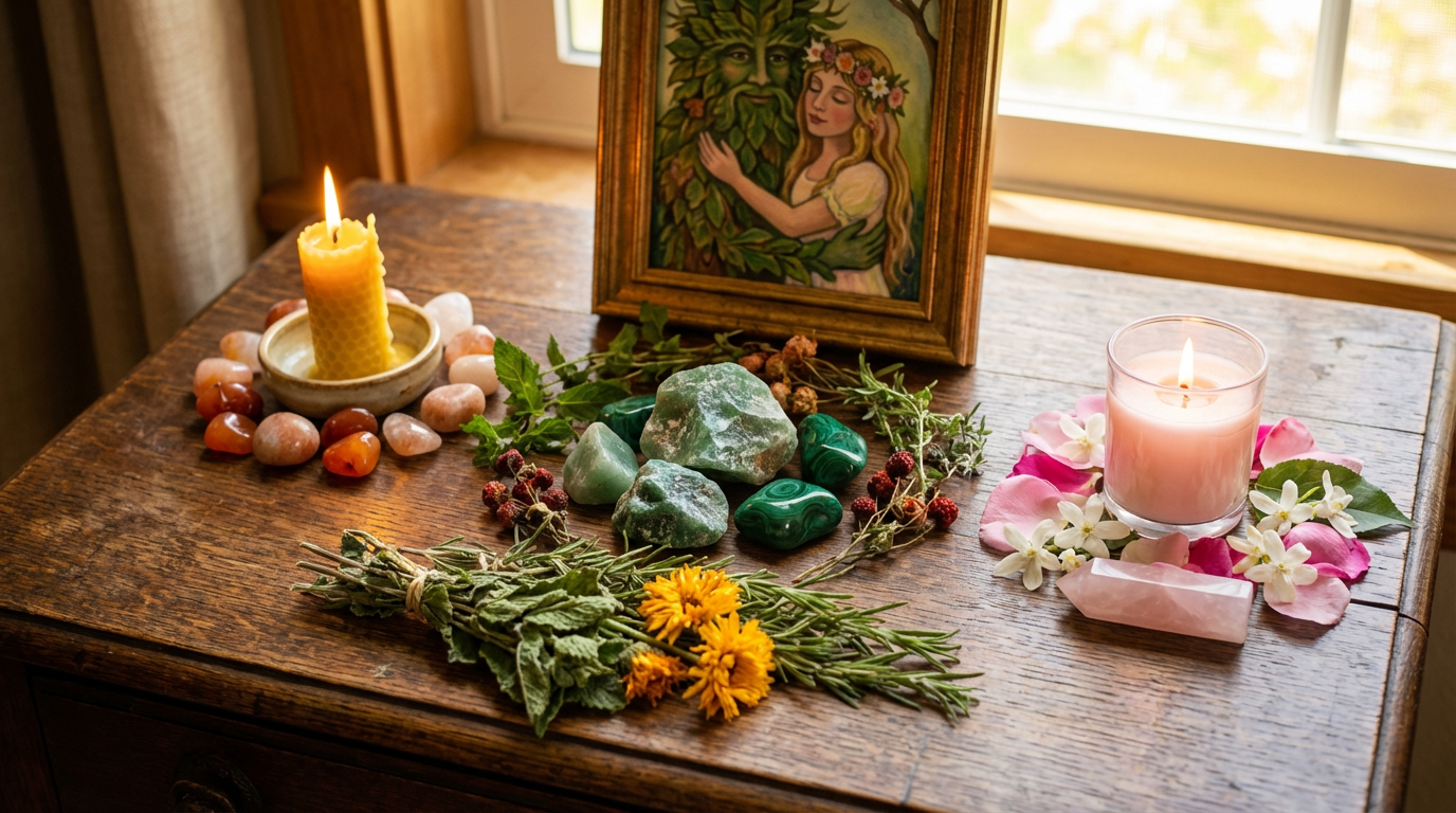 An intricate Beltane altar featuring green aventurine, malachite, and rose quartz crystals alongside fresh herbs, candles, and a framed painting of the Great Union between the May Queen and Green Man.