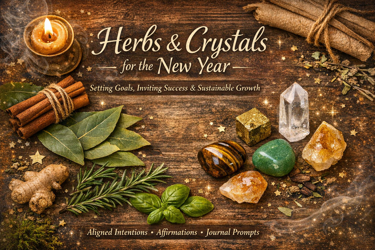 Herbs and crystals for New Year goals and success arranged on a rustic wooden background, featuring cinnamon sticks, bay leaves, rosemary, ginger, basil, citrine, pyrite, tiger’s eye, green aventurine, and clear quartz.