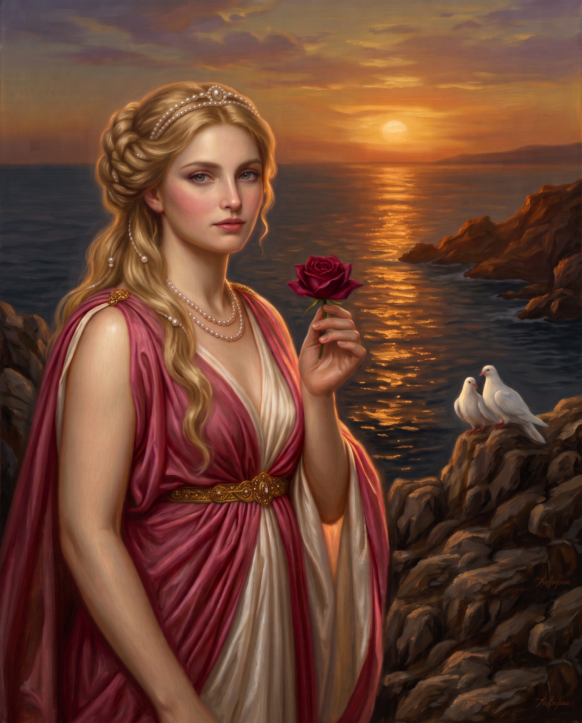 An oil painting portrait of Aphrodite, the Greek goddess of love, holding a single red rose by the sea at golden hour with two white doves.