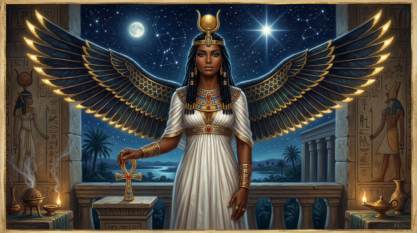 An artistic illustration of the Egyptian goddess Isis standing majestically on a stone balcony at night. She is depicted with long black braided hair, deep brown skin, and expansive, outspread wings shimmering with gold and blue feathers. She wears a white draped gown with ornate gold borders, a beaded collar, and a horned headdress cradling a golden sun disk. Her right hand rests on a large, gem-encrusted golden Ankh standing on a stone pedestal. The background features a deep blue night sky filled with stars, a full moon, and constellations, overlooking a distant river Nile lined with palm trees. On either side, stone walls are covered in detailed hieroglyphics, flanked by burning oil lamps and a smoking incense burner.