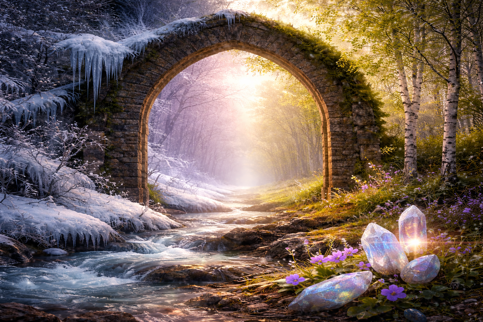 A mystical stone archway stands at the center of a serene landscape, dividing winter and early spring. On the left, icy blues, snow, and hanging icicles cling to frosted trees, while on the right, soft golden sunlight filters through budding birch trees and patches of green earth dotted with small purple flowers. Meltwater flows beneath the arch in a clear stream, symbolizing seasonal transition. In the foreground, iridescent crystals shimmer beside emerging violets, and a gentle mist softens the entire scene with a peaceful, ethereal glow.