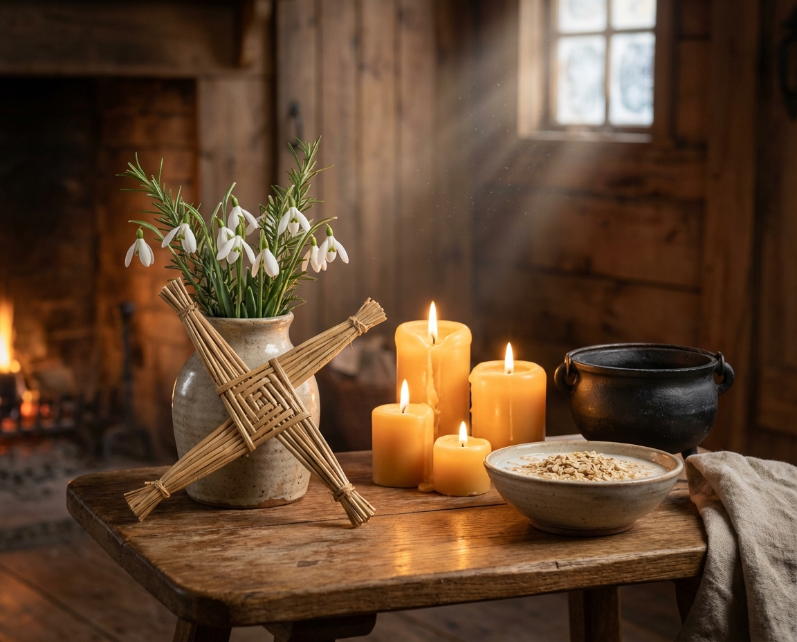 A cozy Imbolc altar set on a wooden table with beeswax candles, a Brigid’s cross, snowdrops and rosemary in a ceramic vase, a bowl of oats, and a cauldron, glowing in firelight inside a rustic cabin.